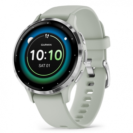 Venu 3S Srebrny bezel ze stali nierdzewnej z kopertą w kolorze sage grey i silikonowym paskiem