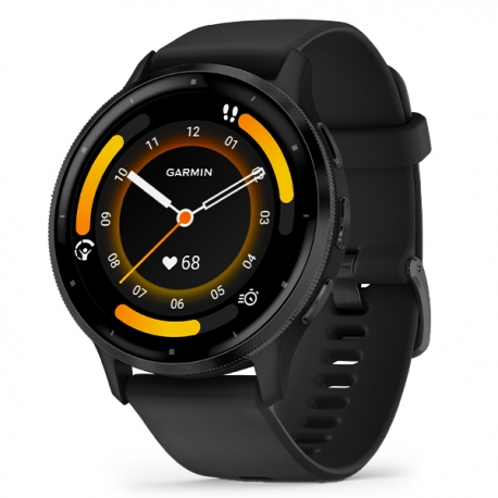 Venu 3 Bezel w kolorze slate ze stali nierdzewnej z czarną kopertą i silikonowym paskiem