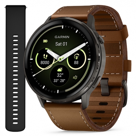 Venu 4 45 mm Slate z paskiem silikonowym w kolorze Black oraz paskiem skórzanym w kolorze Brown