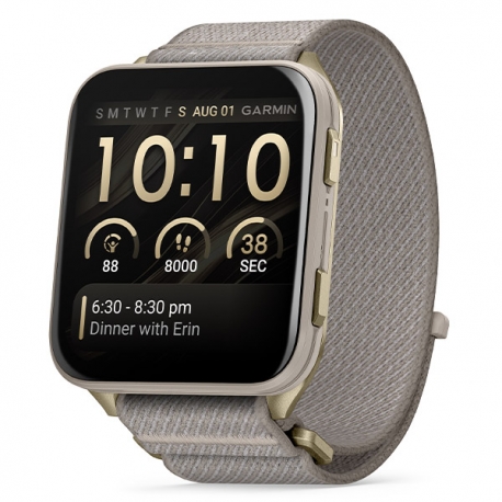 Venu X1 Soft Gold z tytanowym tyłem i nylonowym paskiem w kolorze French Gray