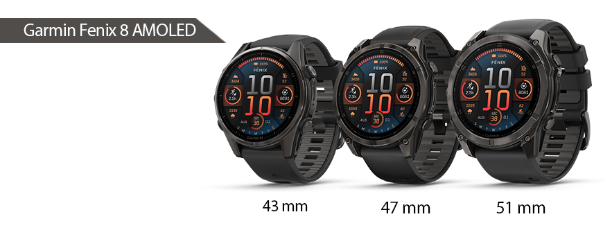 Fenix 8 AMOLED - Porównanie wielkości 43, 47 i 51 mm