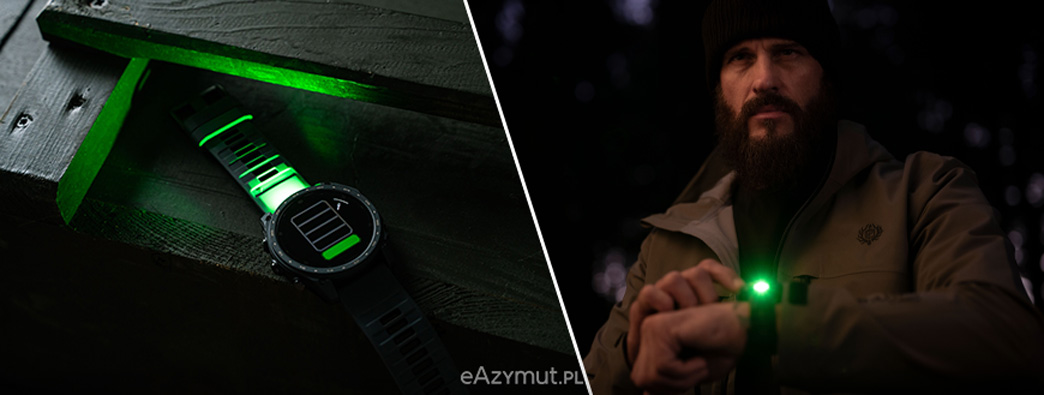 Zielone światło latarki w zegarku Garmin