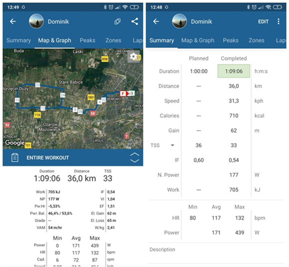 Widok aplikacji TrainingPeaks