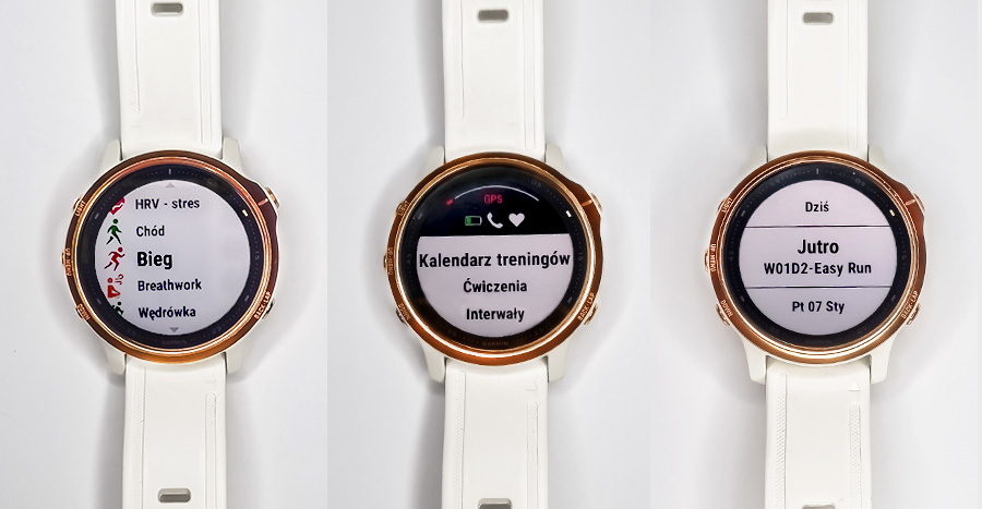 trzy widoki tarczy na zegarku Garmin