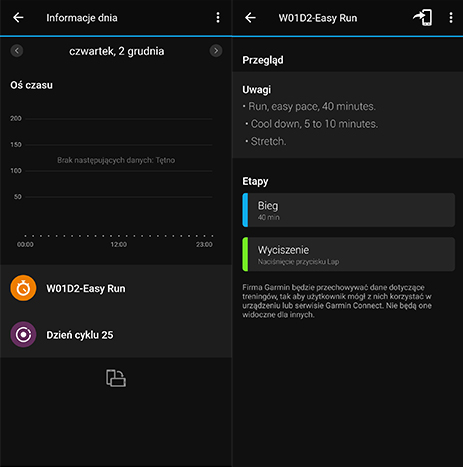 Widok w aplikacji Garmin Connect w telefonie