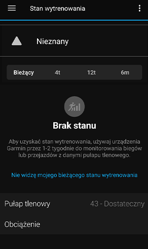 Stan wytrenowania Garmin - Brak stanu