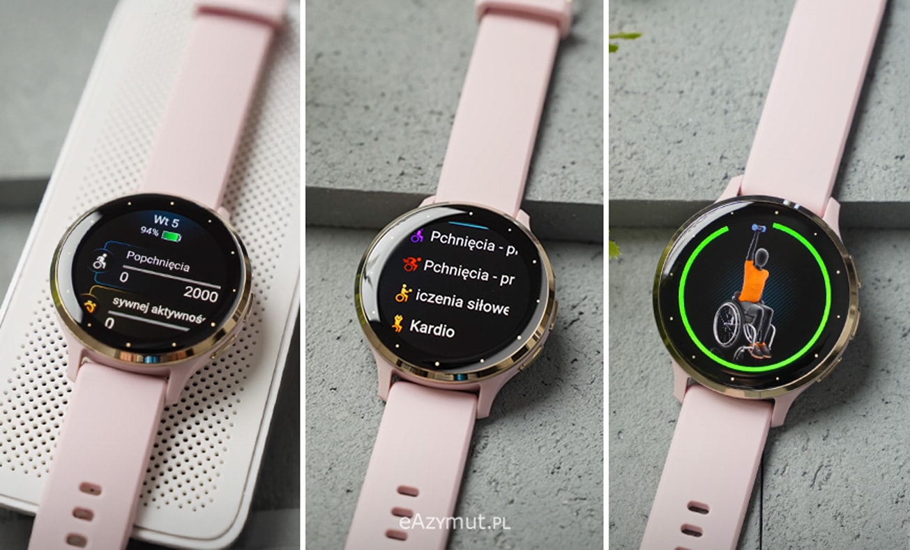 Tryb wozka inwalidzkiego w zegarkach Garmin - widzet - funkcje aktywnosci - animowane treningi