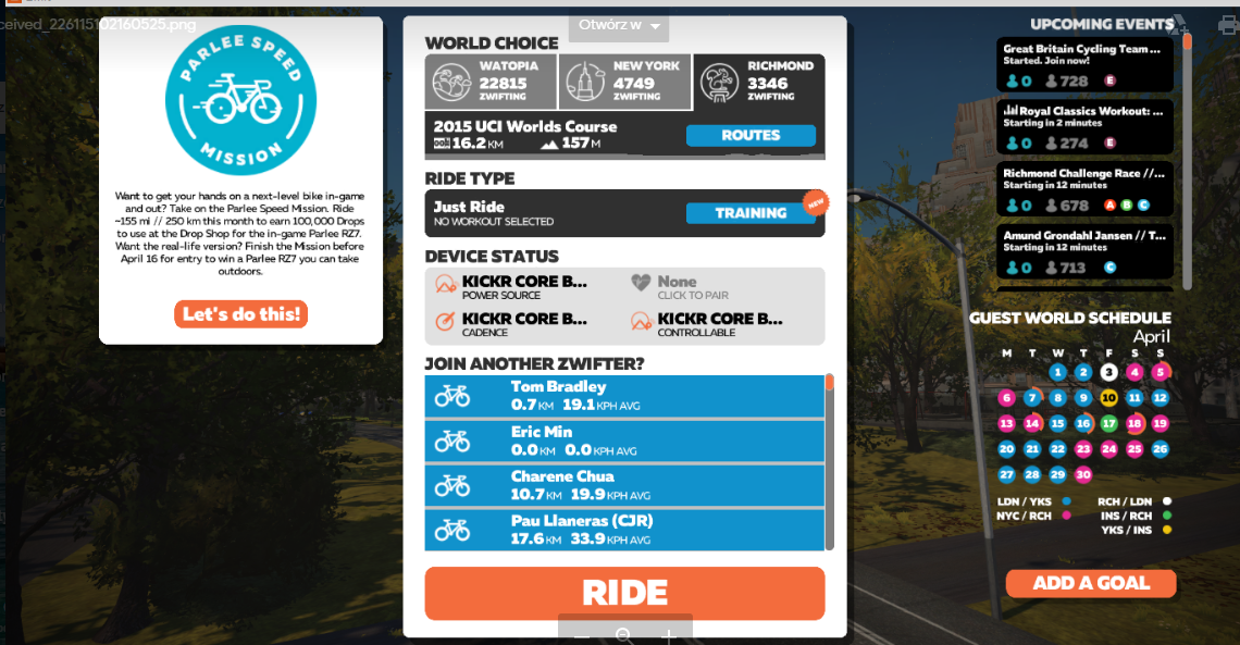 Zwift wybór funkcji jazdy